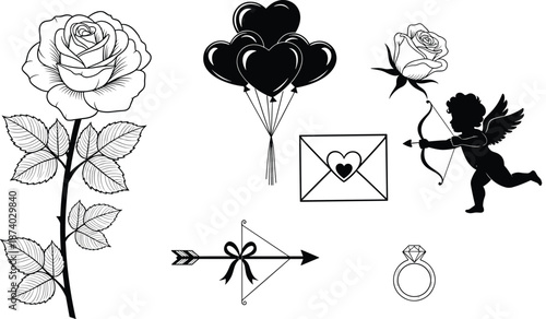 Romantic vector set with rose, cupid, heart balloons, love envelope, engagement ring, arrow, Valentine icons and wedding symbols