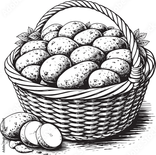 Potato basket linocut etching illustration rustic vegetable harvest wicker basket black and white engraving for food packaging labels
