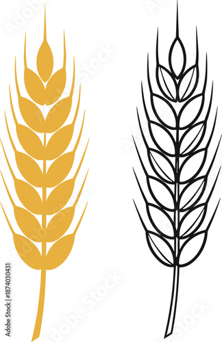 Wheat ear icon set illustration isolated on white background featuring golden filled and black outline cereal grain agriculture vector design