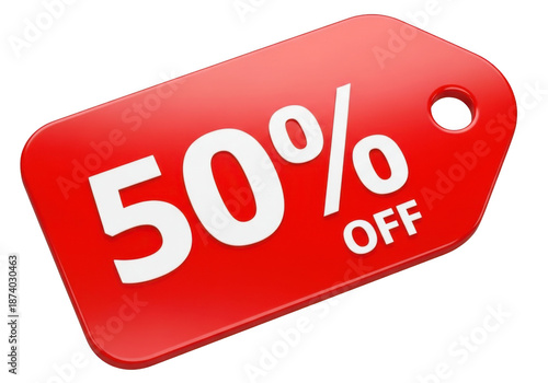 A red discount tag with 50 percent off isolated on transparent background