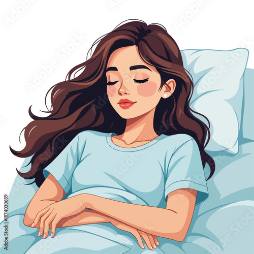 Young woman sleeping in bed flat vector illustration. Female character resting on pillow with blanket. Sleep health and relaxation concept