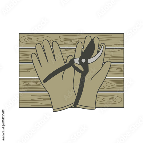 Gardening tools with gloves and pruning shears on wooden table. Flat design graphic. Isolated on transparent background