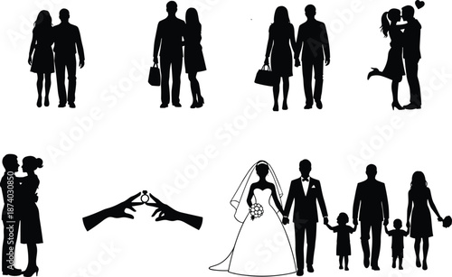 Silhouette illustration of romantic couple, wedding rings, bride groom, and family moments showing love, relationship, marriage, and togetherness
