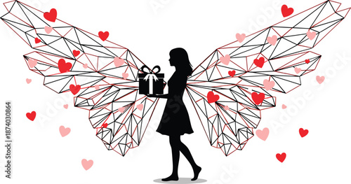 Silhouette girl with geometric wings holding gift box surrounded by hearts, romantic fantasy vector for love and Valentine themes