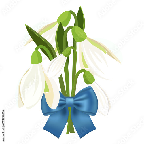 A bouquet of snowdrops with a blue bow without a background
