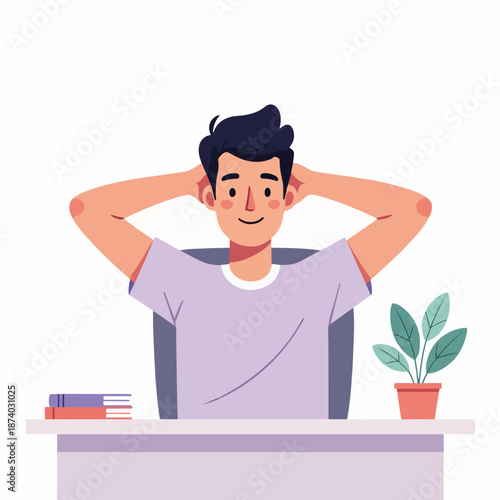 Man stretching arms at office desk. Relaxing employee taking a break. Flat design vector illustration