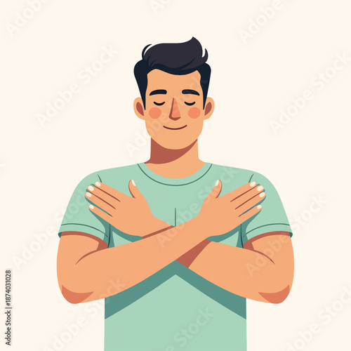 Young man hugging himself with eyes closed. Self-care and mental health concept. Flat design vector illustration
