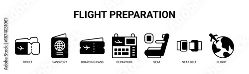 Flight Preparation web banner icon vector illustration concept for pre-flight passenger process with icon of ticket, passport, boarding pass, departure, seat, seat belt, flight.