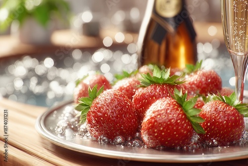 Fresh strawberries on a metal plate next to a glass of bubbly and a bottle