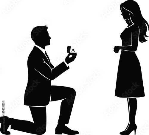 Silhouette vector of romantic marriage proposal with man kneeling and holding ring box to woman standing in emotional moment