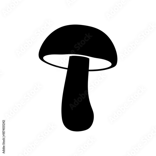 A simple black silhouette of a mushroom on a white background, representing nature and food.