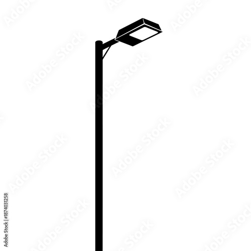 A simple black silhouette of a modern street lamp against a white background, representing urban lighting.