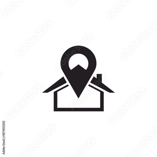 A black and white graphic icon representing a house with a map pin marker on top, symbolizing location or address.