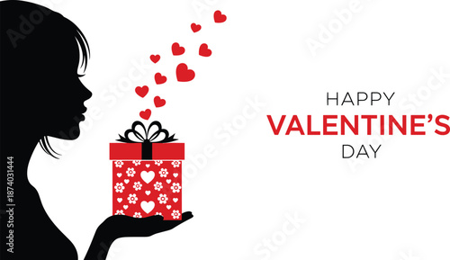 Valentine gift silhouette with hearts and red box, romantic love celebration vector for greeting card, holiday message and affection theme
