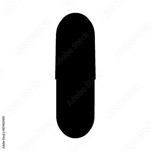 A simple black capsule shape isolated on a white background, representing medicine or a pill.