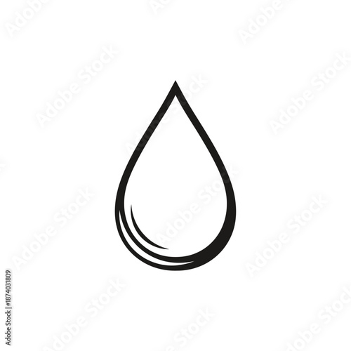 A single, stylized black and white illustration of a water drop with subtle shading.