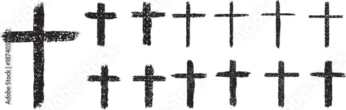 Textured Religion Crosses set . Christian cross . Vector cross with rough edges
