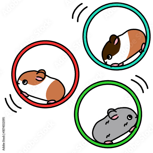 回し車でくるくる走る動物たちのかわいいイラスト