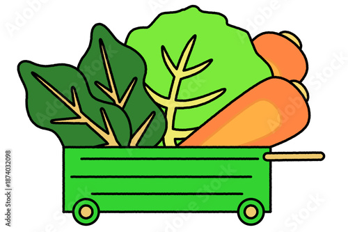 野菜をたっぷり積んだ緑色の台車のシンプルなイラスト