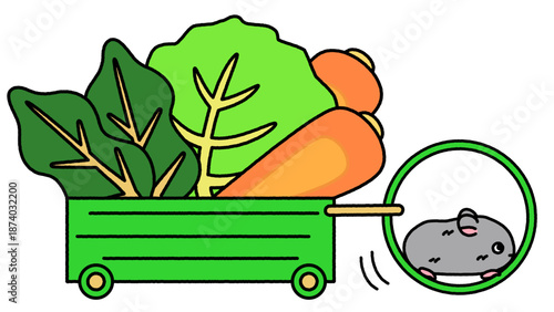 野菜を積んだ台車を回し車で引くハムスターのコミカルなイラスト
