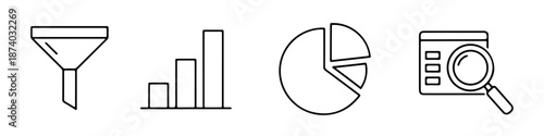 Set of line icons for data analysis, business intelligence, filtering, and search. Includes funnel, bar chart, pie chart, and document with magnifying glass