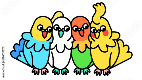 仲良く並ぶ4羽のインコのカラフルでかわいいイラスト