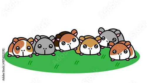 草の上に並んで寝そべるハムスターたちのかわいいイラスト