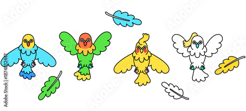 羽ばたいて飛ぶインコと羽根パーツのカラフルなイラストセット
