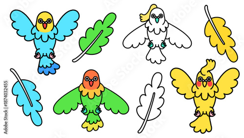 羽ばたくインコと羽のパーツがセットになったかわいいイラスト