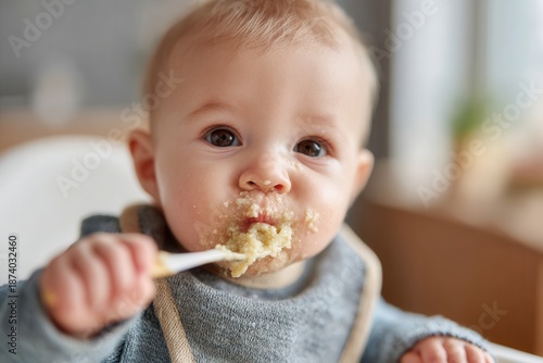 Baby sitting in a high chair enjoying a messy meal with a spoon
