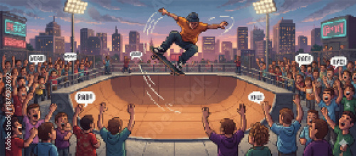 A vibrant pixel art scene featuring a skateboarder mid-air during a night competition, with a cheering crowd, city skyline, and bright stadium lights