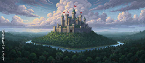 Majestic pixel art castle with blue spires atop a forested hill, overlooking an autumn valley with a winding river and distant mountains under a serene dusk sky