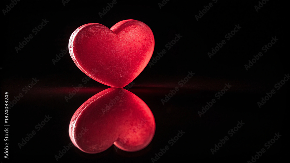 Obraz premium A heart-shaped object, glowing with dark red light, is positioned centrally against stark black background