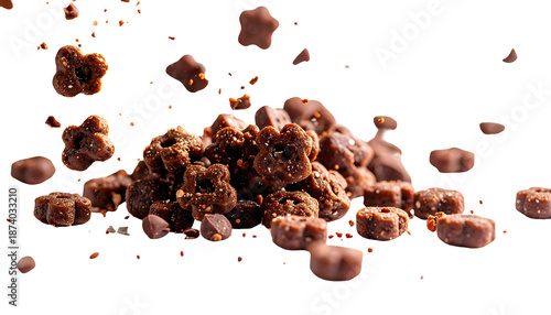 Scattered pile of chocolate-covered cereal pieces, some airborne, against a black background