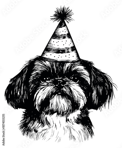 Hand drawn illustration of a shih tzu dog wearing a party hat for a celebration