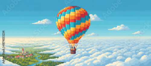 Vibrant pixel art of a hot air balloon soaring above fluffy clouds, with a charming village and winding river visible below, evoking a sense of adventure and freedom