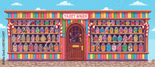 Vibrant pixel art candy shop showcasing shelves of colorful sweets in jars, adorned with large candy canes