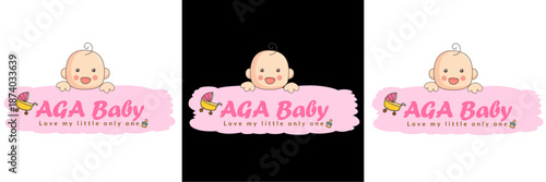 Cute AGA Baby Logo Featuring a Smiling Cartoon Infant Peeking Over a Pink Brush Stroke with Stroller and Pacifier Icon