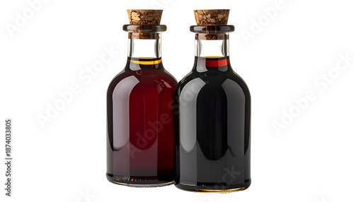 Wallpaper Mural Two small glass bottles with cork stoppers, filled with dark liquids on black backdrop Torontodigital.ca