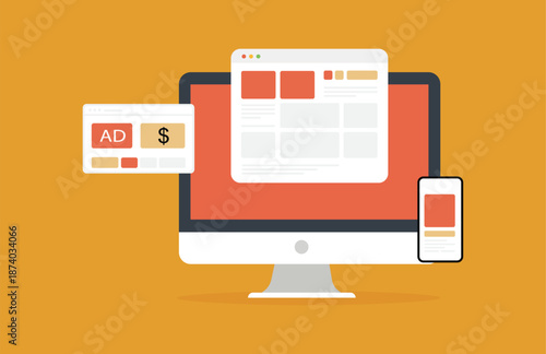 Responsive Web Advertising Concept with Desktop Tablet and Mobile Devices Vector Illustration