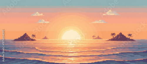 Vibrant pixel art sunset over a calm ocean, featuring distant islands silhouetted against a gradient sky of blue, purple, pink, and orange. A bright sun reflects brilliantly on the tranquil water