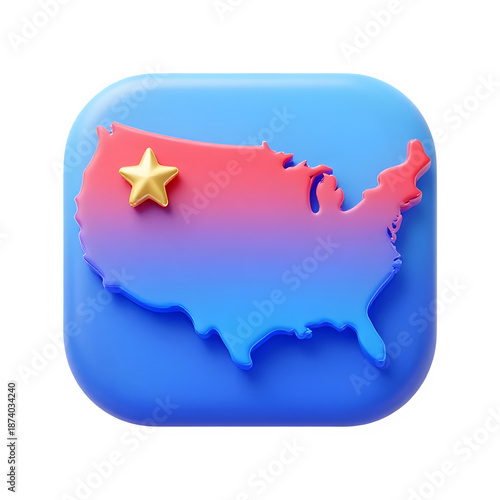 Vibrant USA map icon with golden star marker on pink blue gradient