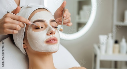 Young woman with face mask being applied in a spa