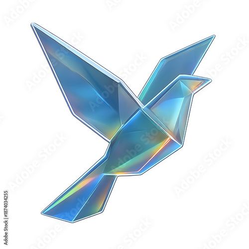 Iridescent origami bird in flight with rainbow colors