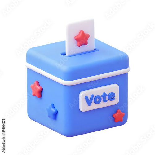Blue vote box with red and blue stars and a white vote sign