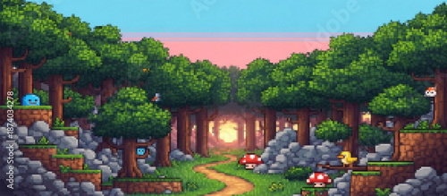 Enchanting pixel art forest scene with a winding path bathed in a warm glow, surrounded by vibrant trees, rocks, mushrooms, and charming characters
