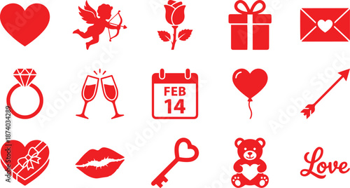 Set of valentine's day red vector icons isolated on transparent background, perfect for romantic and wedding designs, featuring hearts, cupid, gifts, and champagne glasses