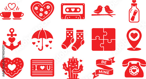 Red filled vector icons collection for valentine day celebration perfect for web design print materials and romantic themes decoration ideas