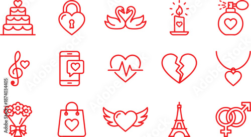 Set of romantic valentine day icons in red outline style for love celebration and special occasions design elements