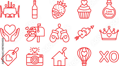 Collection of red line valentine and romance icons featuring dining food drink and various love symbols for celebration